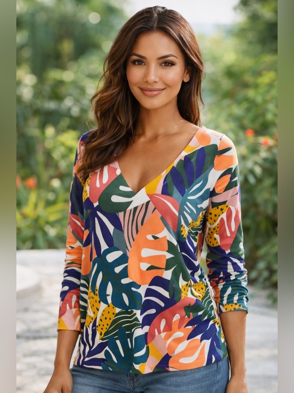 Boden Eldon Cotton V Neck Sweater Sz L Tropical Botanical Resortwear Gold Button